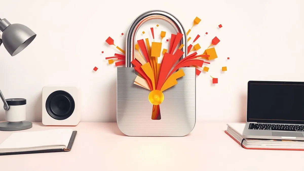Illustration: A silver padlock with a glowing keyhole sits open on a clean white desk.