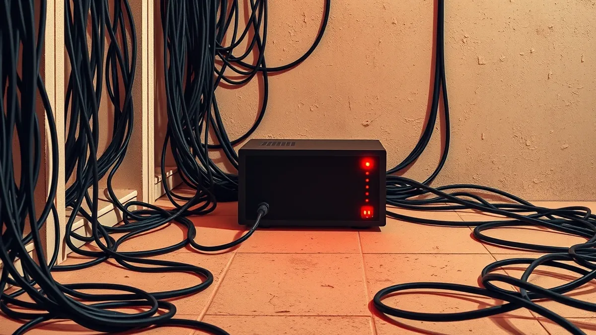 Illustration: A tangled mass of black ethernet cables connects to a small, unmarked network router sitting on a dusty server room floor.