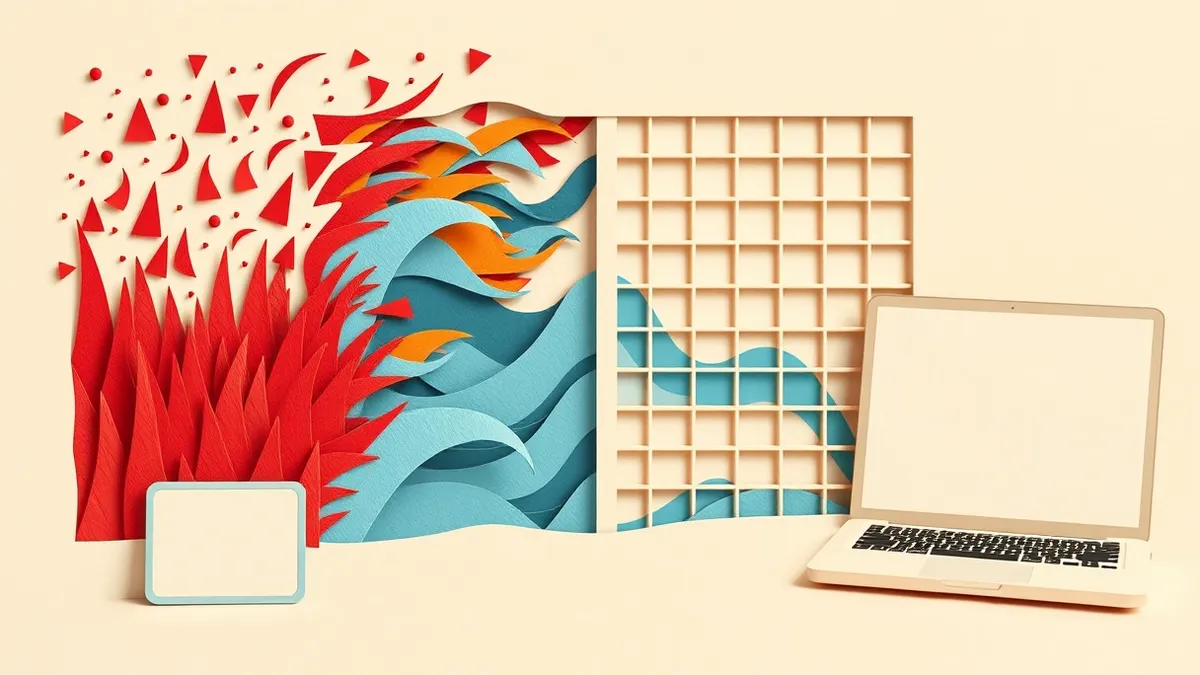 Illustration: A split view shows a chaotic storm of jagged red spikes on the left, representing known threats, while smooth, innocuous blue waves slip through a rigid filter grid o
