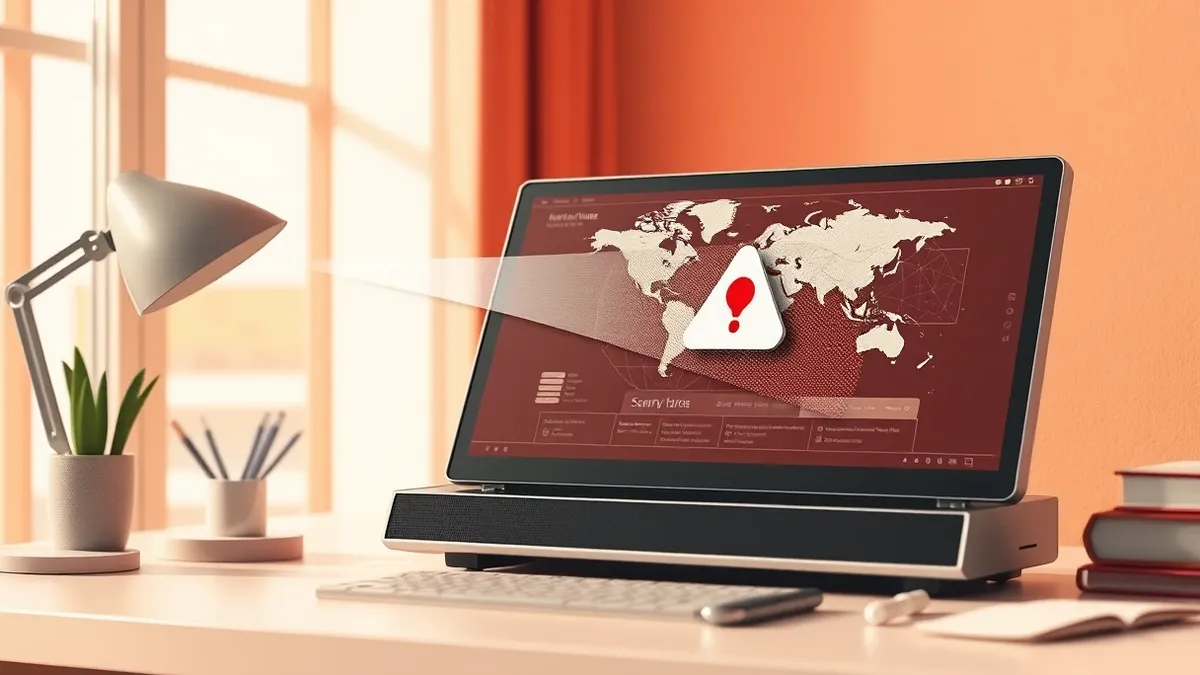 Illustration: A sleek security console sits on a clean desk, displaying a map with blurred connection lines.