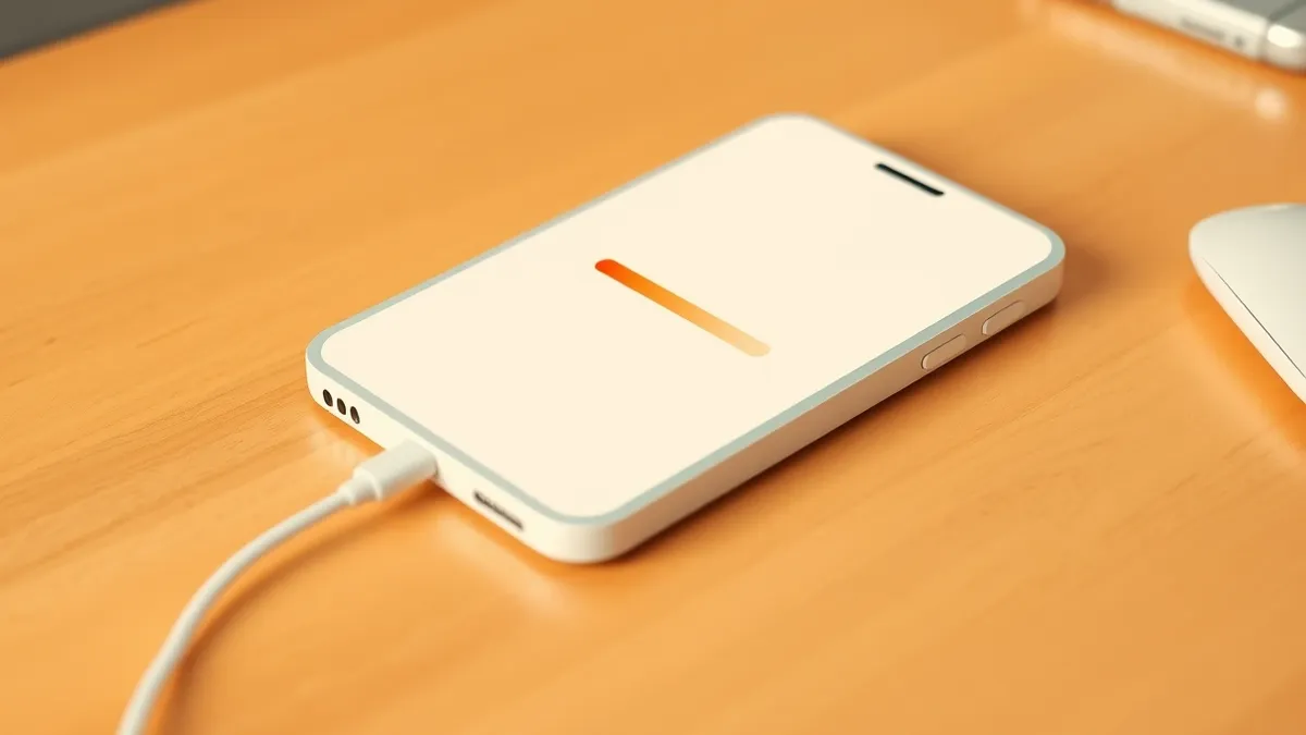 Illustration: A white smartphone rests on a clean wooden desk, its screen displaying a simple progress bar that is nearly full.