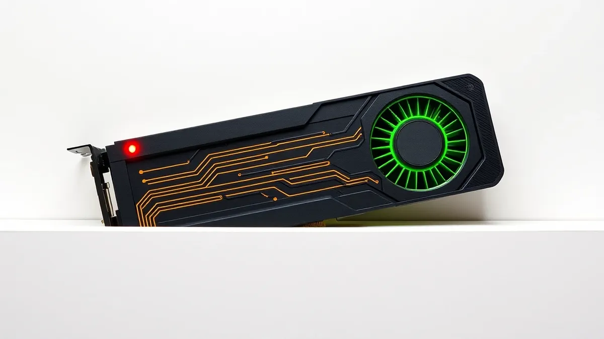 Illustration: A black high-end graphics card rests on a clean white surface.