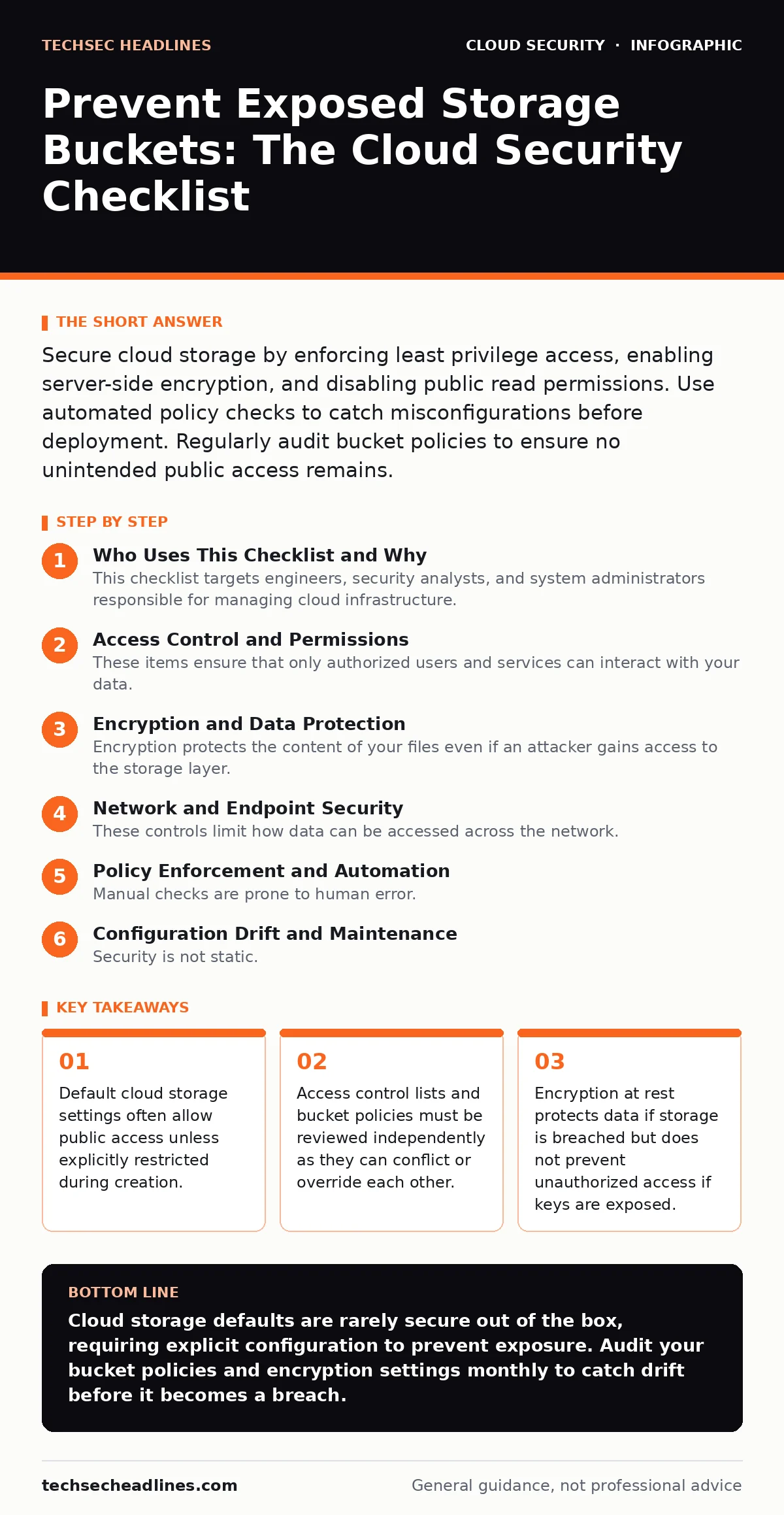 Infographic: Prevent Exposed Storage Buckets: The Cloud Security Checklist. Default cloud storage settings often allow public access unless explicitly restricted during creation. Access control lists and bucket policies must be reviewed independently as they can conflict or override each other. Encr