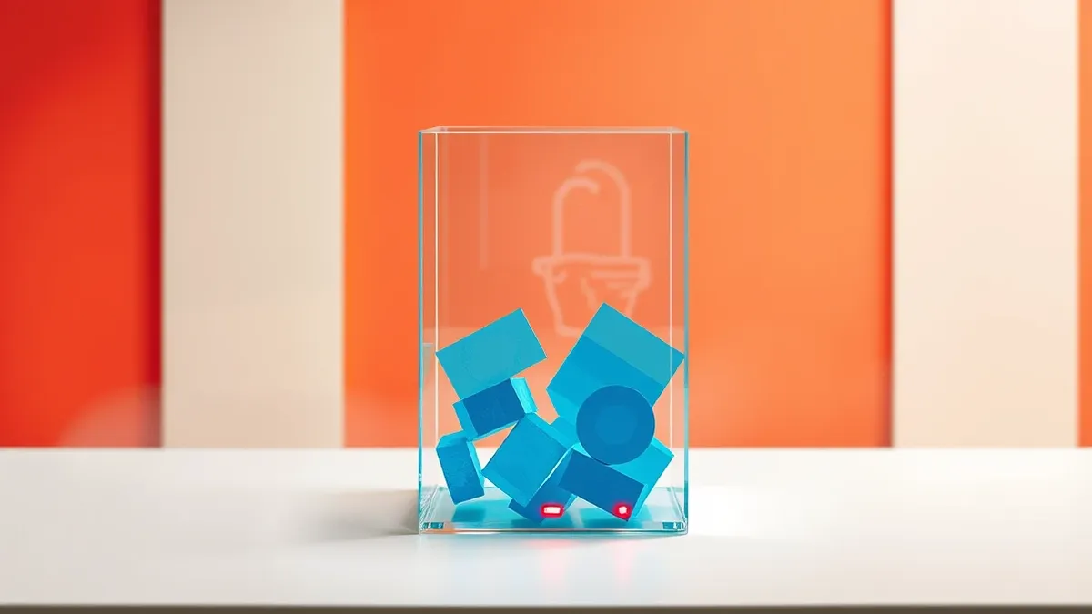 Illustration: A transparent glass cube containing floating abstract blue shapes sits on a sterile white table.
