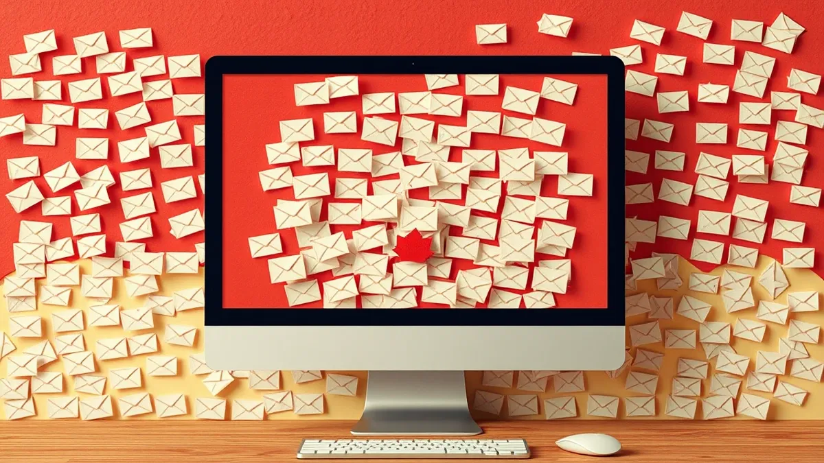 Illustration: A desktop computer monitor displays a blank email inbox interface overflowing with hundreds of identical, featureless notification icons.