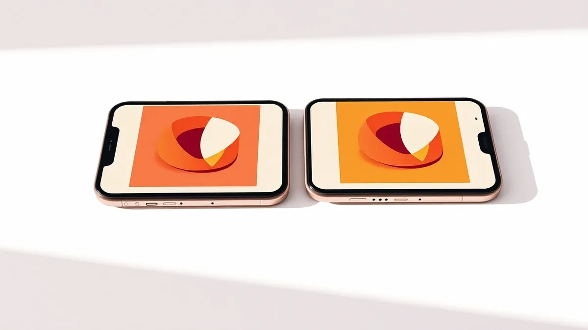 Illustration: Two sleek smartphones rest side by side on a clean white surface, their screens displaying abstract geometric shapes that suggest a paired configuration interface.