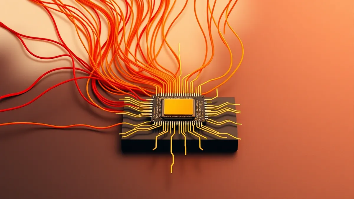 Illustration: A dense tangle of fiber optic cables connects to a single, glowing quantum processor chip resting on a sleek black surface.