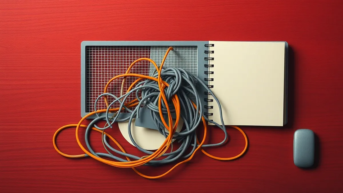 Illustration: A tangled knot of grey and orange wires sits on a dark wooden desk, representing complex code logic.