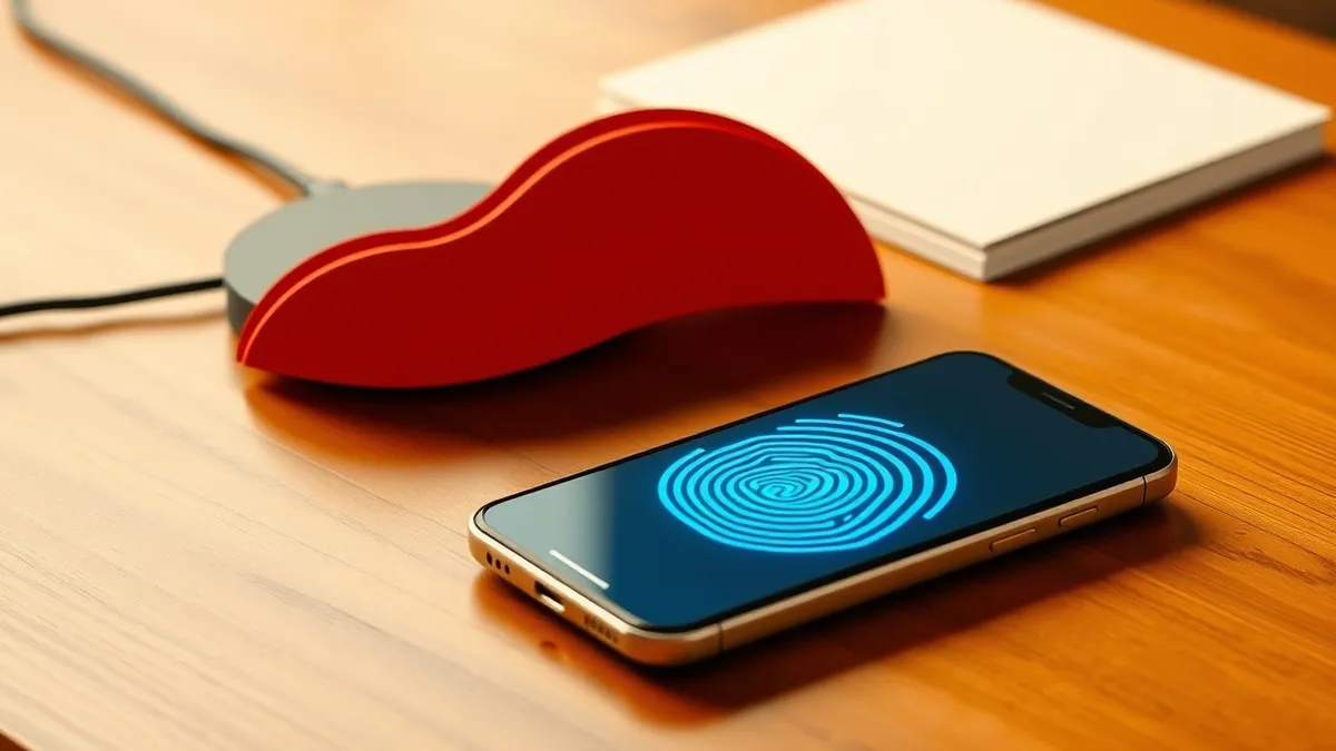 Illustration: A sleek smartphone rests on a polished wooden table, its screen displaying a single, glowing biometric icon surrounded by soft blue geometric waves.