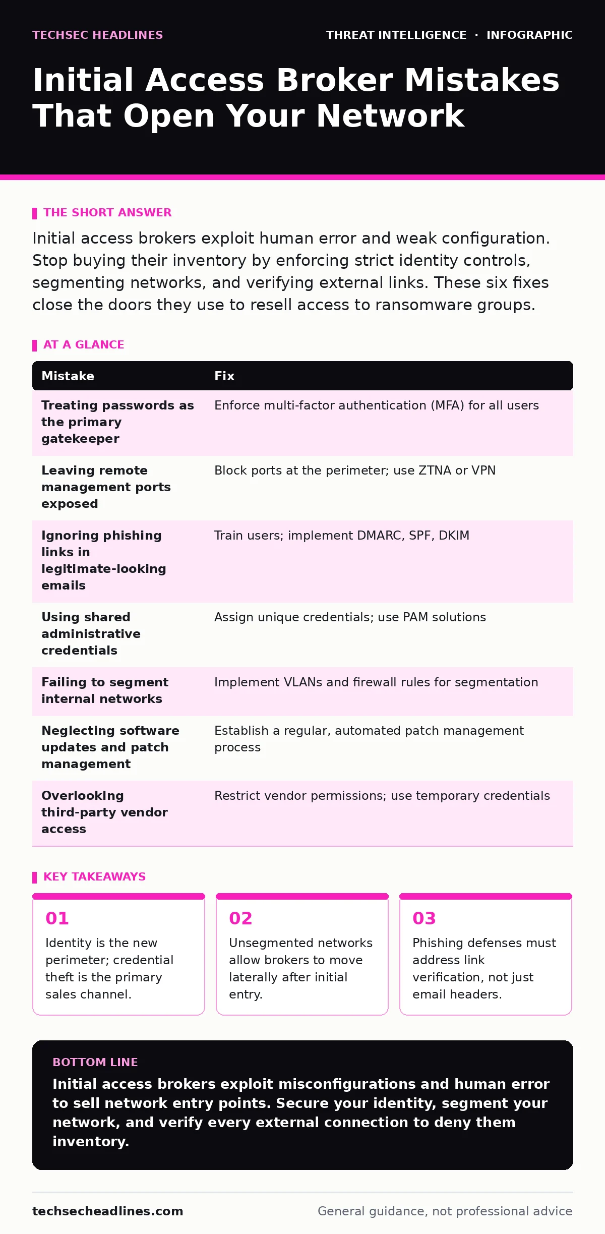 Infographic: Initial Access Broker Mistakes That Open Your Network. Identity is the new perimeter; credential theft is the primary sales channel. Unsegmented networks allow brokers to move laterally after initial entry. Phishing defenses must address link verification, not just email headers.