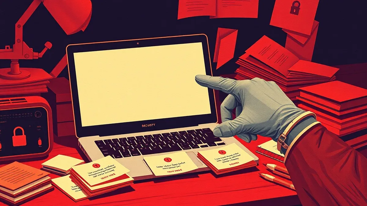 Illustration: A dark, cluttered desk holds a laptop with a blank screen and a stack of sticky notes.