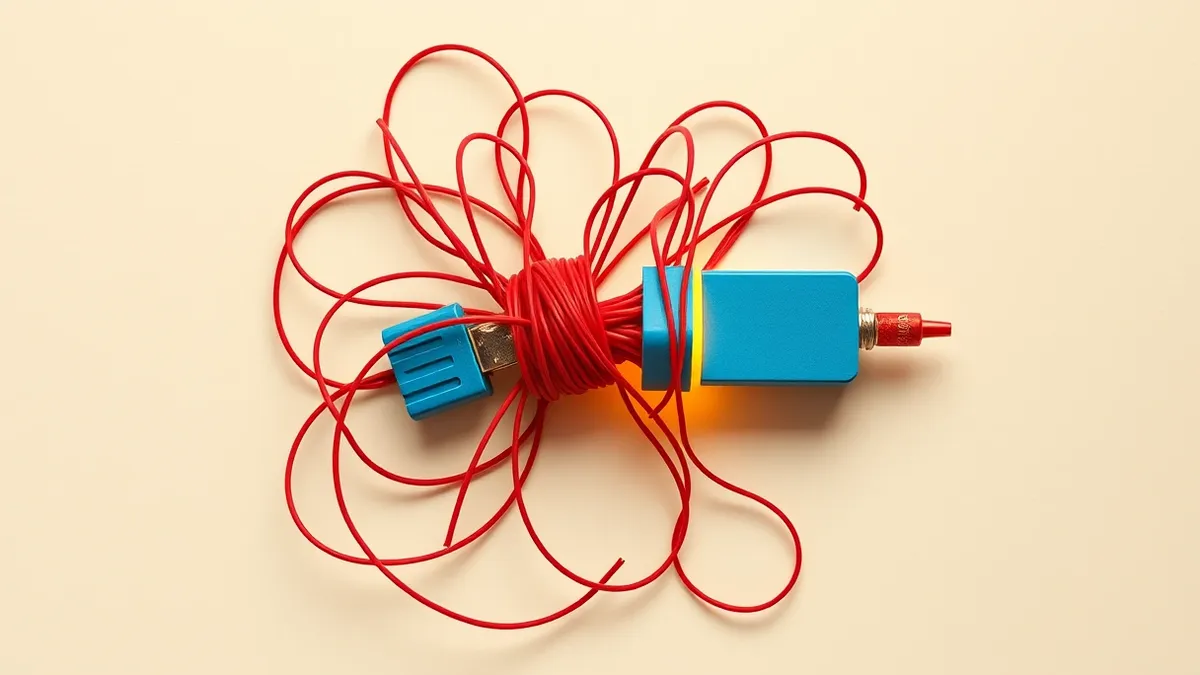 Illustration: A tangled knot of thin red threads tightens around a glowing blue data cable, pulling the connection taut.
