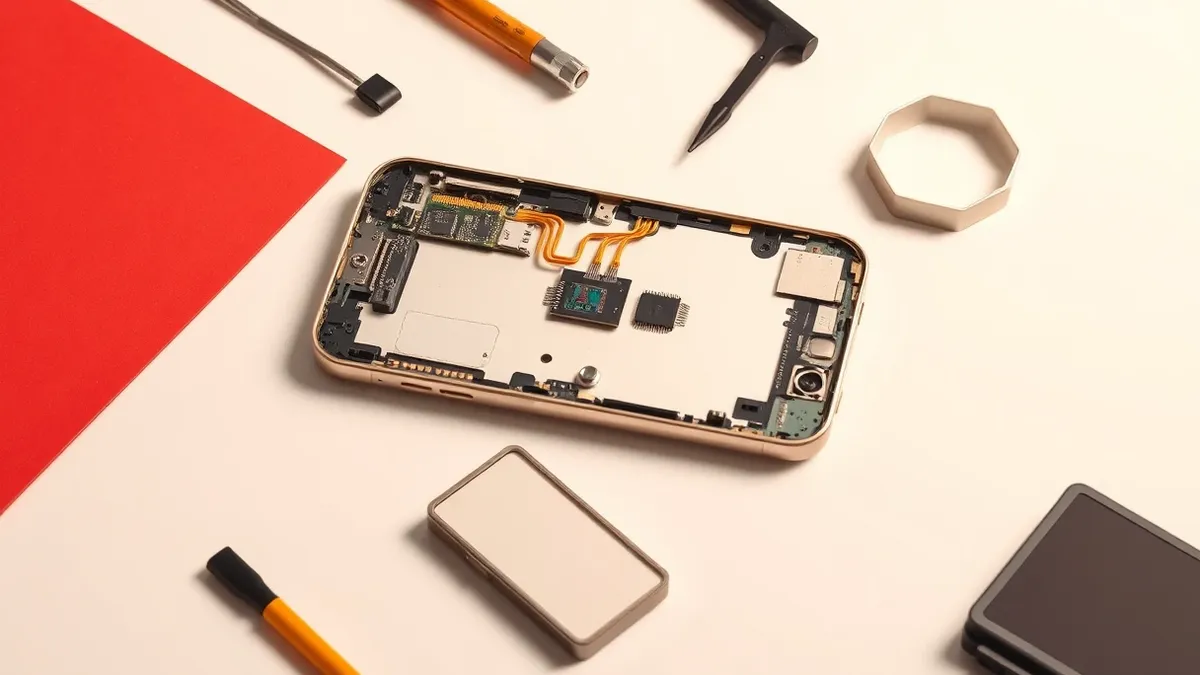 Illustration: A disassembled smartphone lies open on a clean white workbench.