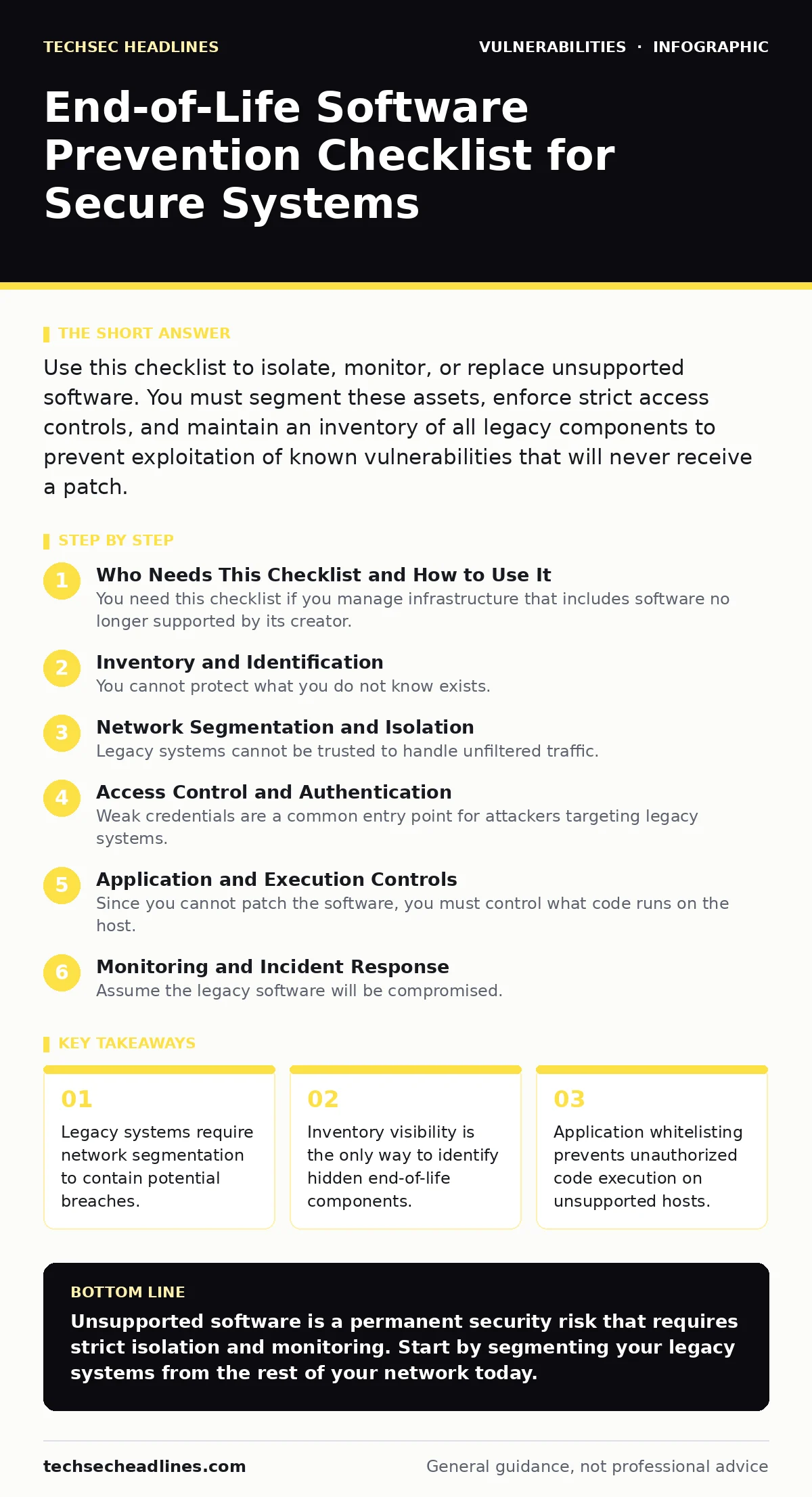 Infographic: End-of-Life Software Prevention Checklist for Secure Systems. Legacy systems require network segmentation to contain potential breaches. Inventory visibility is the only way to identify hidden end-of-life components. Application whitelisting prevents unauthorized code execution on unsup