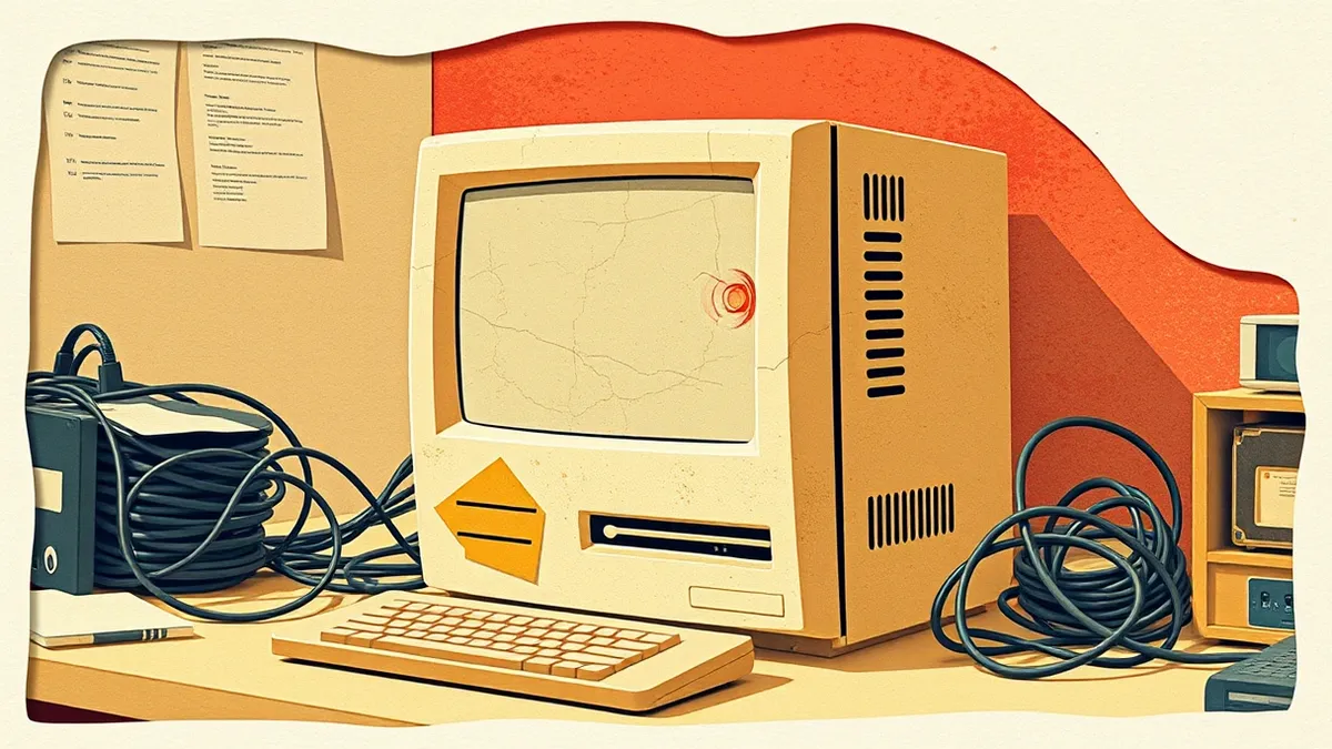 Illustration: A dusty, obsolete desktop computer sits abandoned on a cluttered office desk next to a stack of tangled cables.