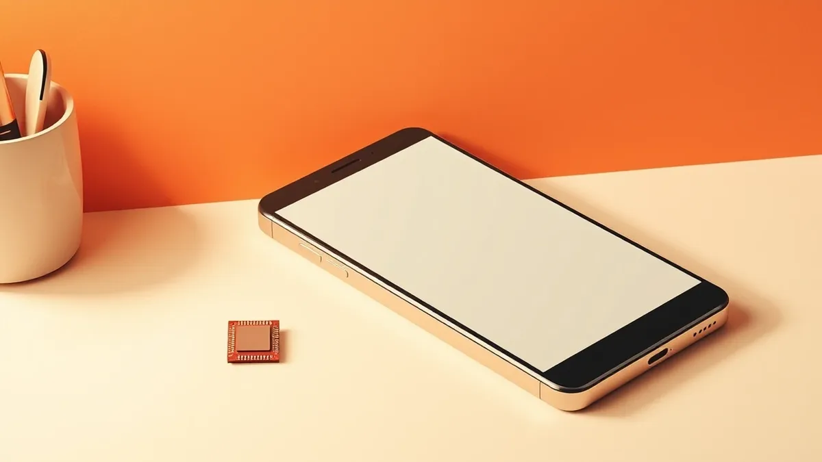 Illustration: A sleek smartphone rests on a clean surface with a blank screen, while a small storage chip sits nearby next to a crossed-out update icon made of abstract geometric s