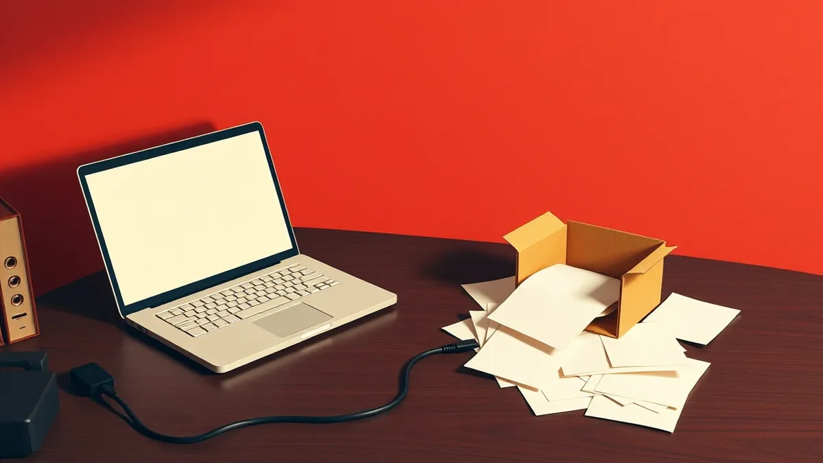 Illustration: A dark office desk holds a laptop with a blank, glowing screen reflecting cold light.
