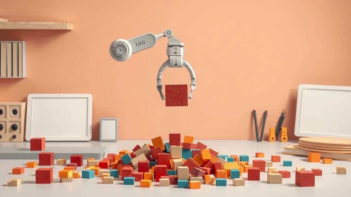 Illustration: A sleek white robotic gripper hovers steadily above a scattered pile of colorful geometric blocks, holding a single cube with perfect stillness.