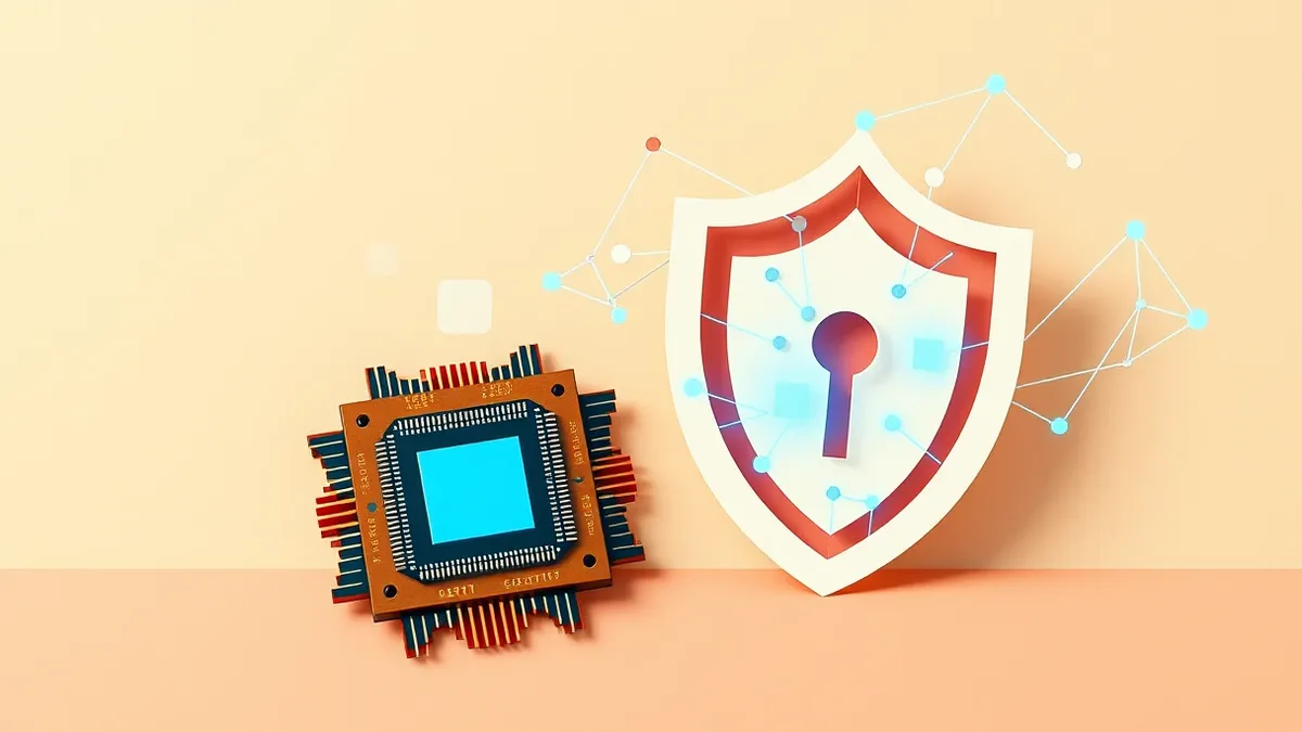 Illustration: A sleek quantum processor chip rests beside a fragmented digital shield, with glowing blue data streams weaving through transparent barriers.