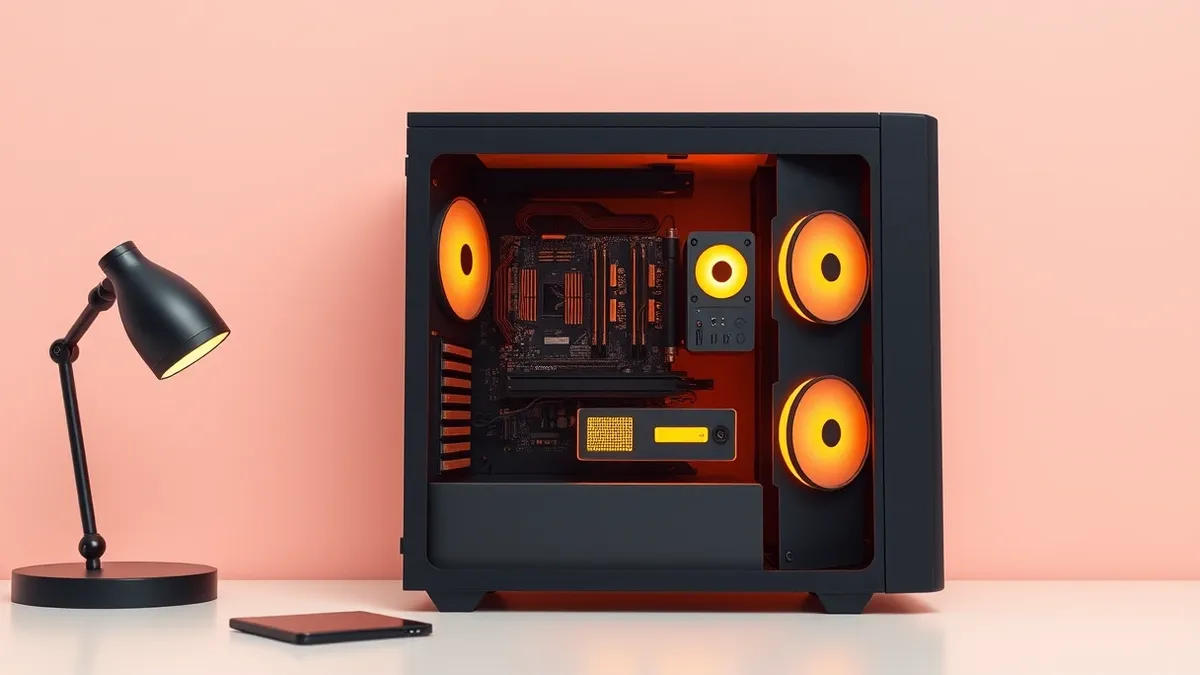 Illustration: A sleek black desktop tower sits on a clean desk, its side panel transparent to reveal intricate internal components.