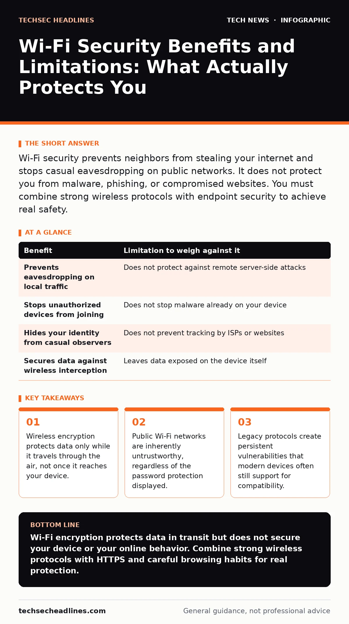 Infographic: Wi-Fi Security Benefits and Limitations: What Actually Protects You. Wireless encryption protects data only while it travels through the air, not once it reaches your device. Public Wi-Fi networks are inherently untrustworthy, regardless of the password protection displayed. Legacy prot