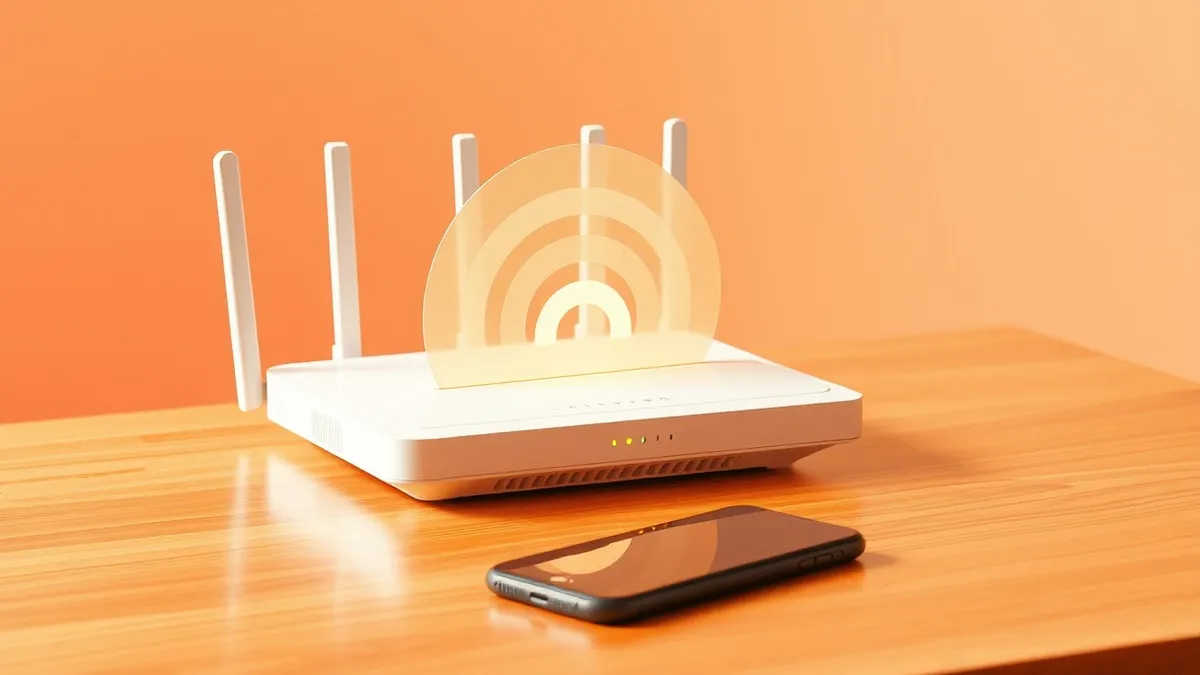Illustration: A sleek white home router sits on a polished wooden table with its indicator lights glowing softly.