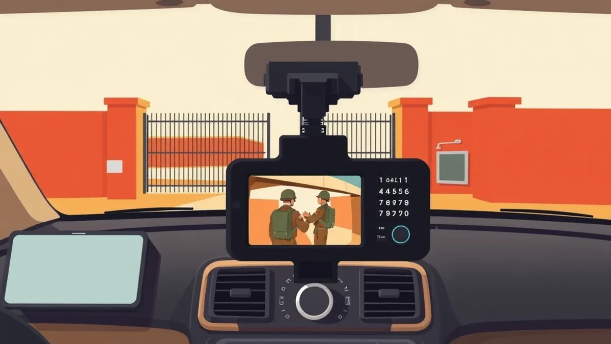 Illustration: A dashcam mounts inside a rental car, facing the open gate of a fortified military compound.