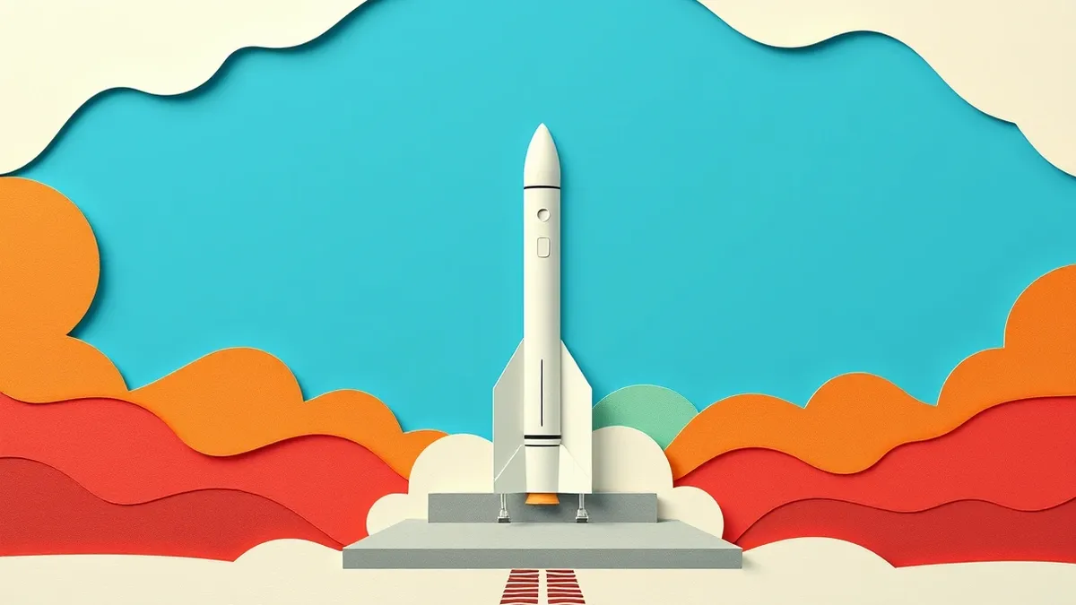 Illustration: A white rocket sits vertically on a concrete launch pad under a clear blue sky.