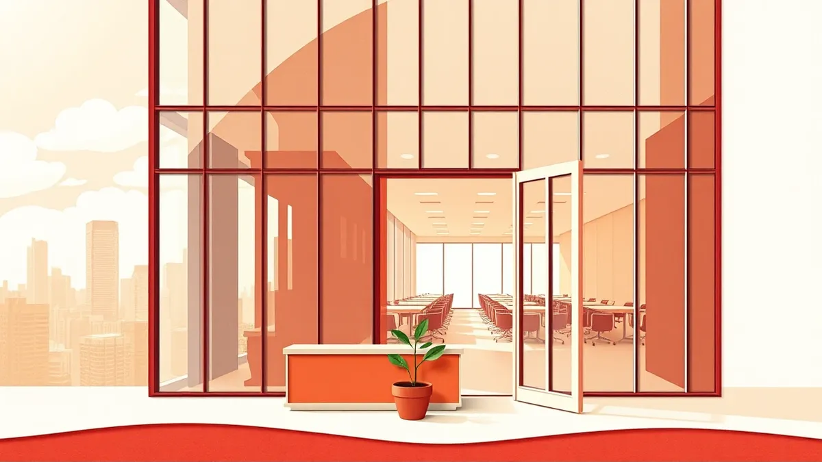 Illustration: A modern glass office building stands under a clear sky, with large windows reflecting the surrounding cityscape.