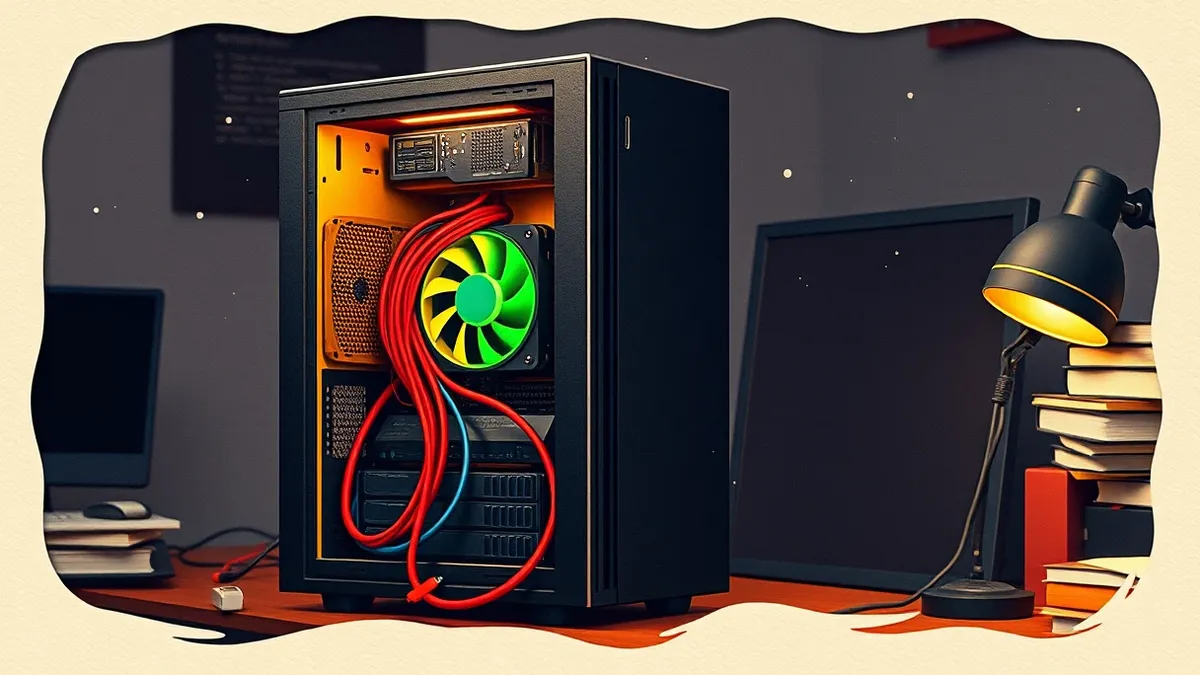 Illustration: A sleek black server tower sits on a cluttered desk, its side panel removed to reveal internal circuitry.