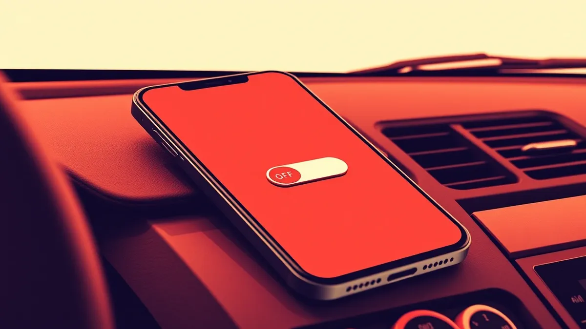 Illustration: A smartphone sits on a car dashboard, its screen displaying a clean interface with a prominent toggle switch in the off position.