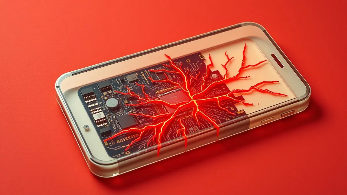 Illustration: A transparent smartphone casing reveals intricate circuit boards deep within the device.
