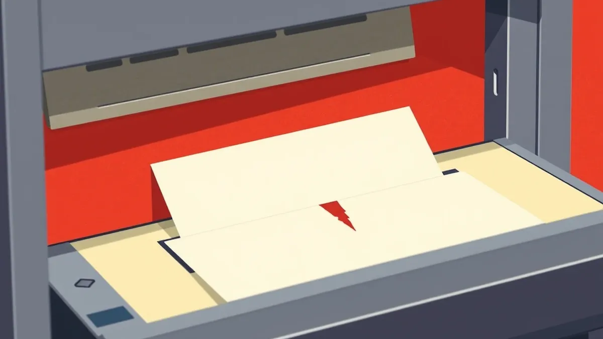 Illustration: A single sheet of paper slides through a metal slot into a processing machine.