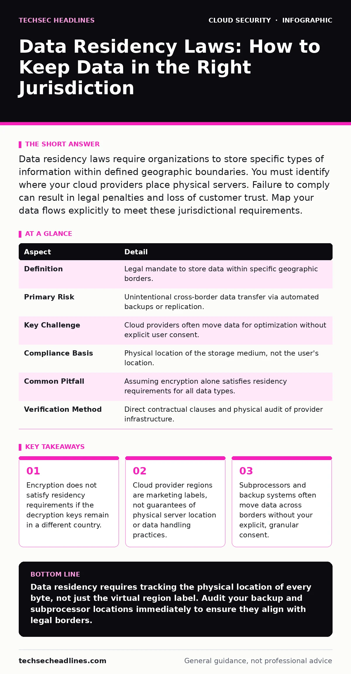 Infographic: Data Residency Laws: How to Keep Data in the Right Jurisdiction. Encryption does not satisfy residency requirements if the decryption keys remain in a different country. Cloud provider regions are marketing labels, not guarantees of physical server location or data handling practices. S