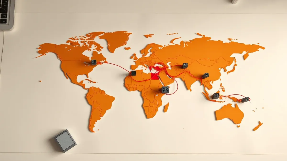 Illustration: A simplified physical map of the world rests on a clean desk, with small metallic server units pinned to specific countries by thin red threads.