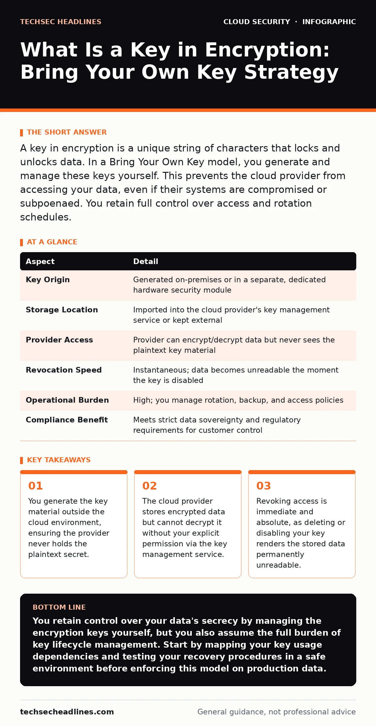Infographic: What Is a Key in Encryption: Bring Your Own Key Strategy. You generate the key material outside the cloud environment, ensuring the provider never holds the plaintext secret. The cloud provider stores encrypted data but cannot decrypt it without your explicit permission via the key mana