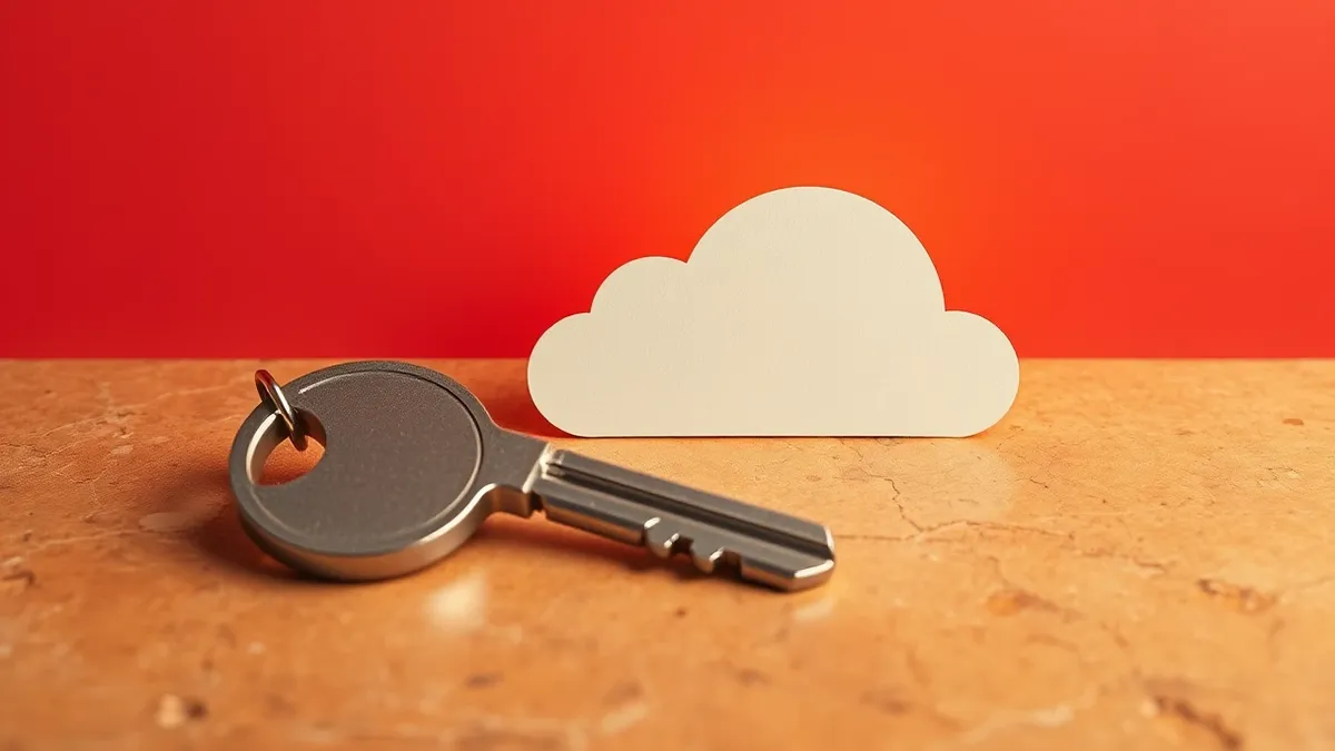 Illustration: A sleek silver key rests on a polished stone surface beside a blank, glowing cloud icon.