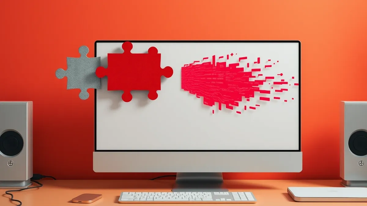 Illustration: Five interlocking metallic puzzle pieces float above a blank computer monitor.