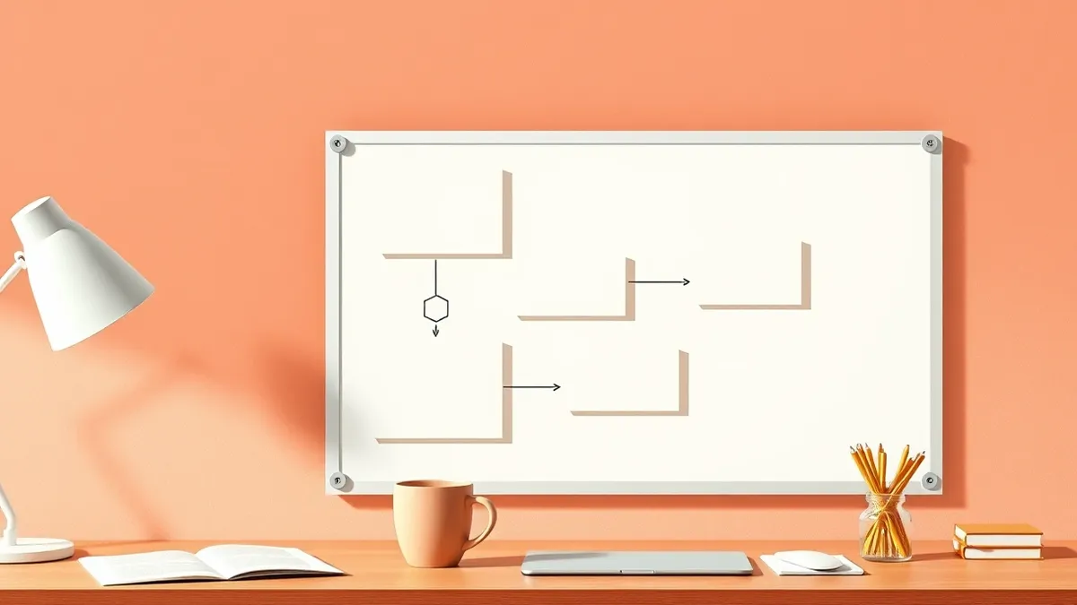 Illustration: A whiteboard displays simple geometric shapes and blank rectangular boxes connected by clean black lines, representing a visual interface for constructing internal ap