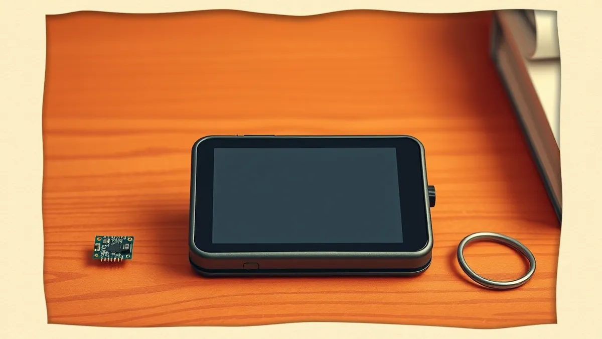 Illustration: A small black metal rectangle with a blank screen sits on a wooden table next to a tiny silver circuit board and a coiled wire.