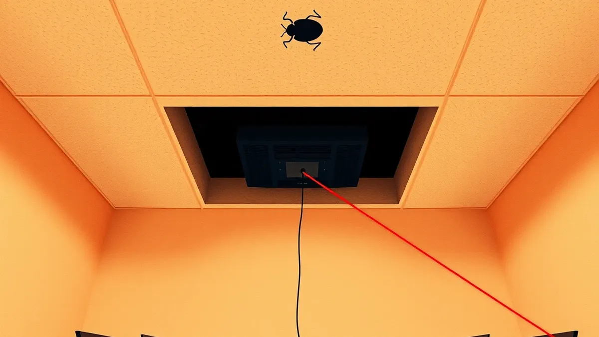 Illustration: A tiny black bug sits hidden inside the acoustic foam of a conference room ceiling tile.