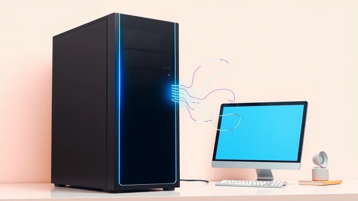 Illustration: A sleek black server tower sits beside a compact desktop computer on a clean white desk.