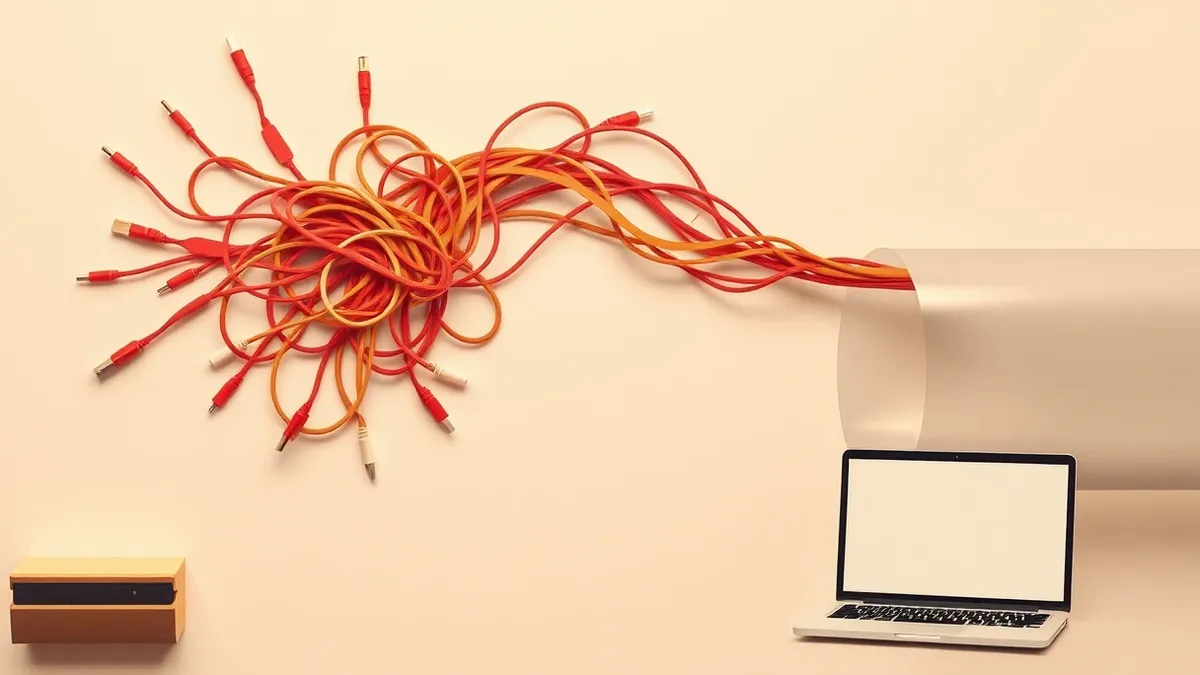 Illustration: A tangle of disconnected cables transforms into a single streamlined conduit flowing through a transparent pipe.