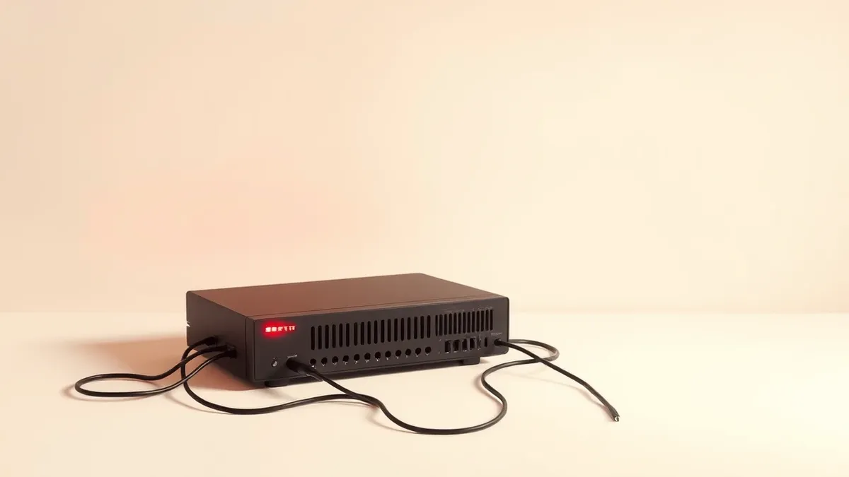 Illustration: A sleek, black network gateway device sits isolated on a sterile white desk.