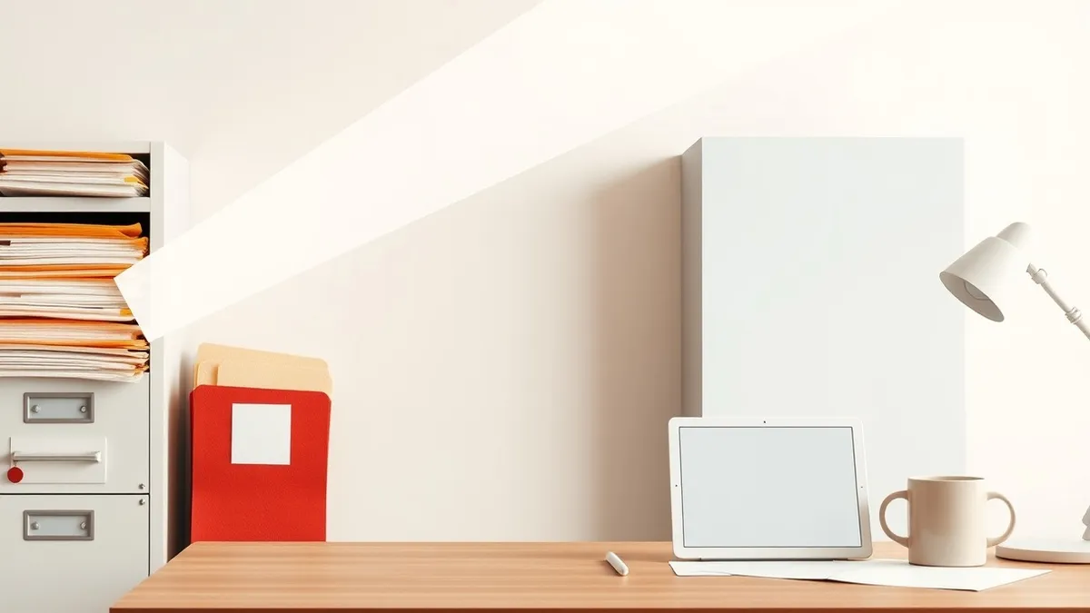 Illustration: A sleek white projector beam connects a generic corporate filing cabinet to a modern office desk, illuminating a blank digital tablet and an empty coffee mug.