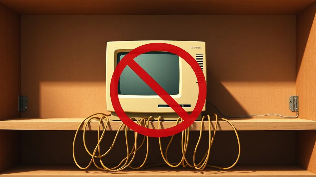 Illustration: An ancient beige desktop computer sits isolated on a dusty shelf.