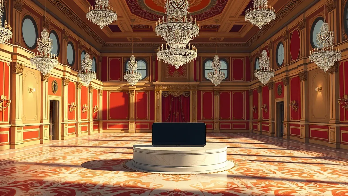 Illustration: A grand, ornate ballroom with high ceilings and crystal chandeliers sits empty.