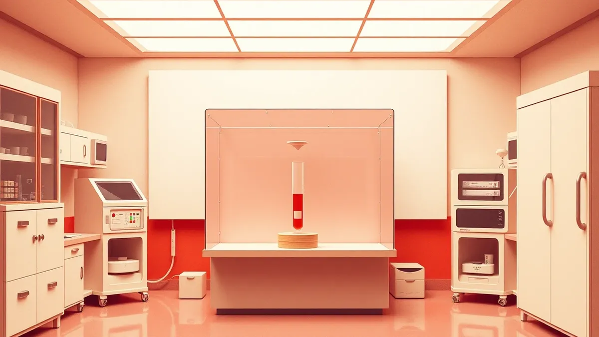 Illustration: A sterile laboratory interior features a sealed glass containment chamber with a single test tube inside, while a large opaque barrier blocks the view of the equipmen