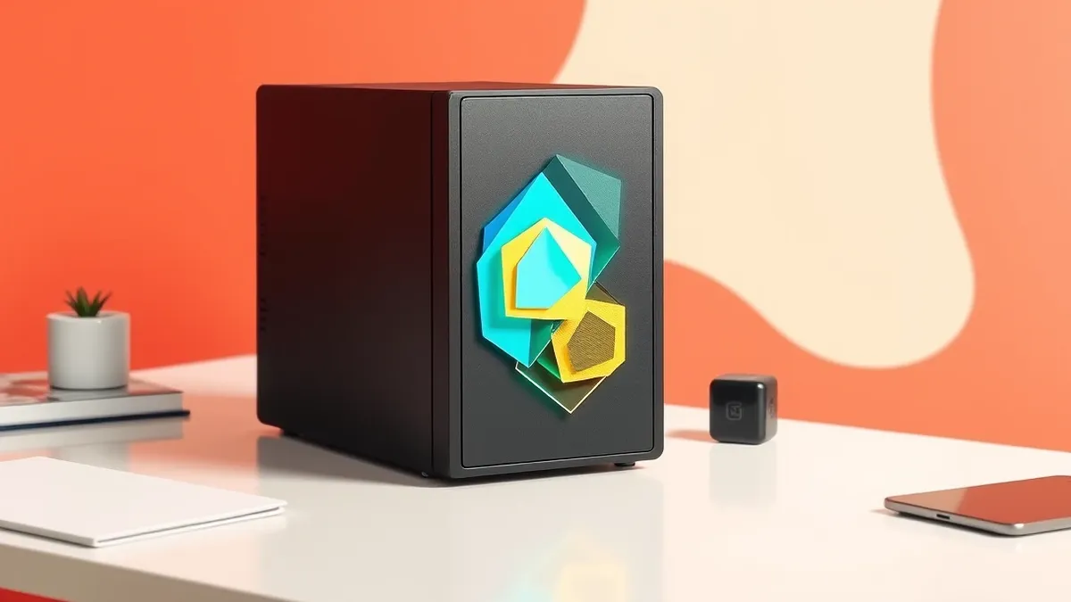Illustration: A sleek, matte-black rectangular server node sits on a clean white desk, its front panel displaying three abstract, glowing geometric shapes in blue, green, and gold