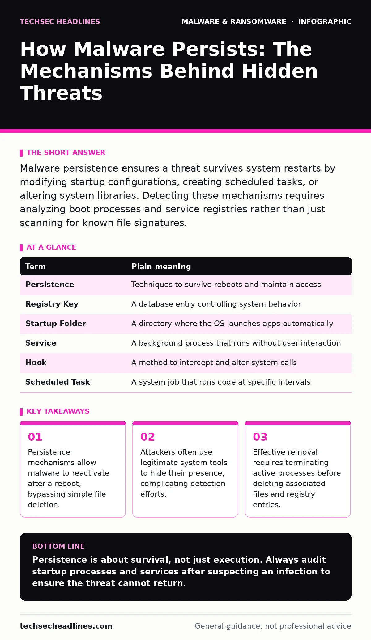 Infographic: How Malware Persists: The Mechanisms Behind Hidden Threats. Persistence mechanisms allow malware to reactivate after a reboot, bypassing simple file deletion. Attackers often use legitimate system tools to hide their presence, complicating detection efforts. Effective removal requires t